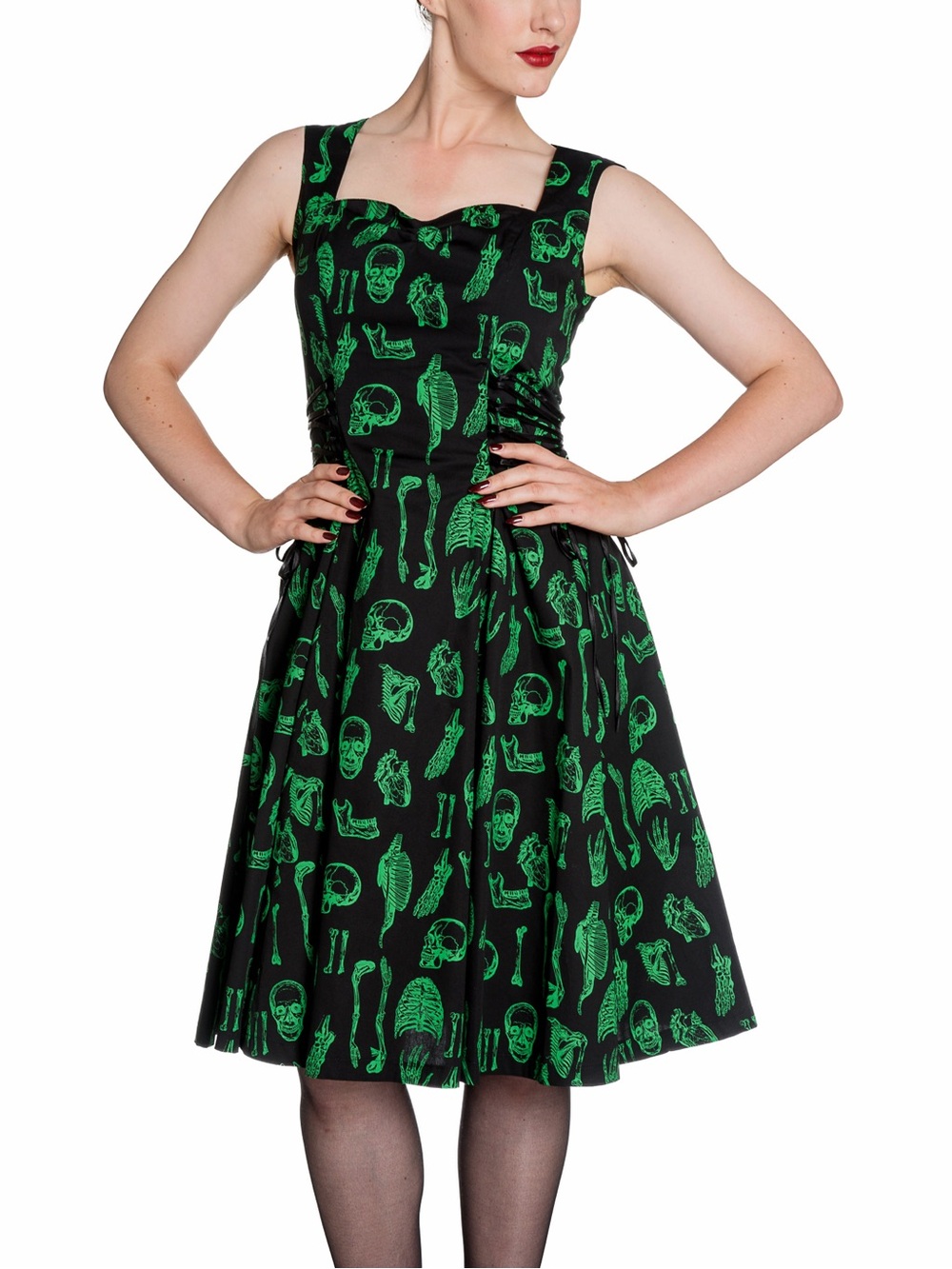 Hell Bunny Anatomy Lace dress with skulls and bones length shortened